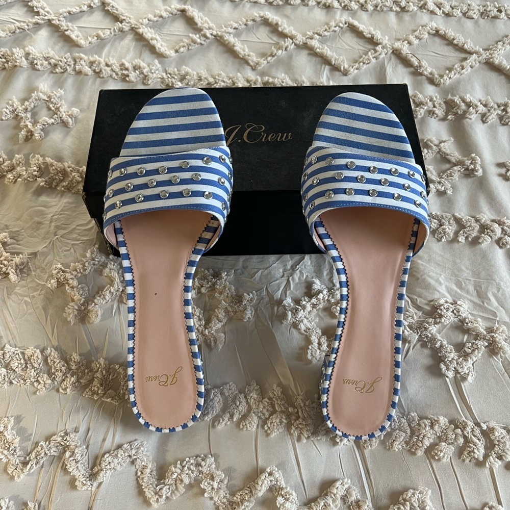 J. Crew Blue and White Striped Studded Slide Sandals